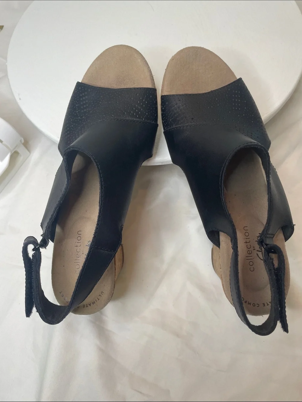 Clarks Black Leather Cork Wedge Slingback Sandals
